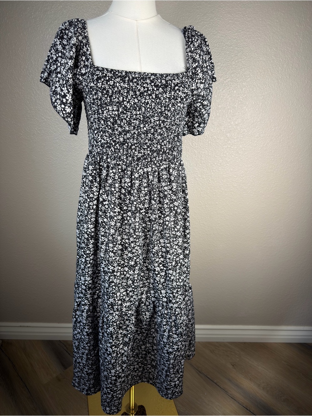 NWT Black Floral Midi Dress with Smocked Bodice and Square Neck, Medium
